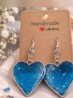Blue Glitter Heart Earrings Handmade Resin Sparkle Dangle Cute Gift